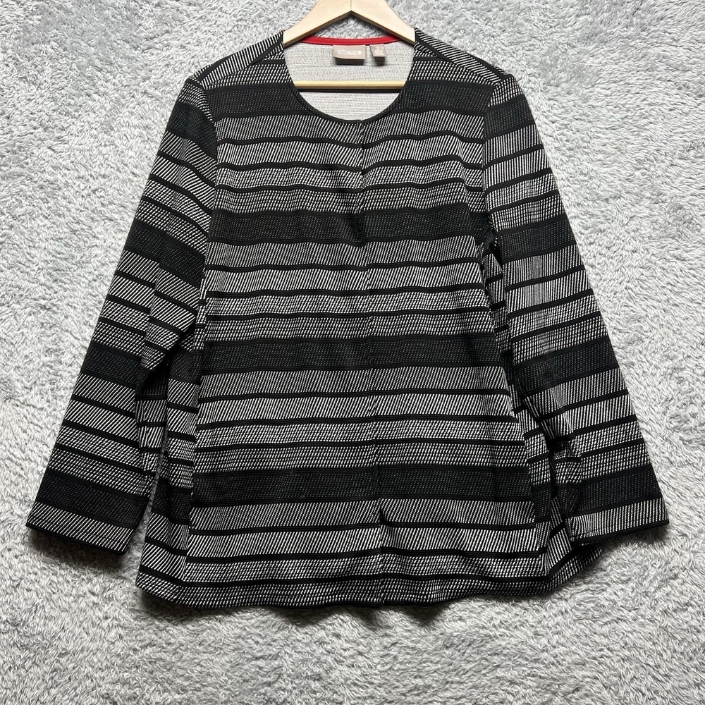 Chicos Jacket‎ Womens 2 US L 12/14 Black Gray Stripe Jacquard Snap Front Pockets